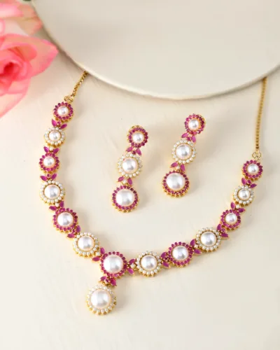 Traditional Gold-Tone Pearl & Ruby Stone Necklace Set