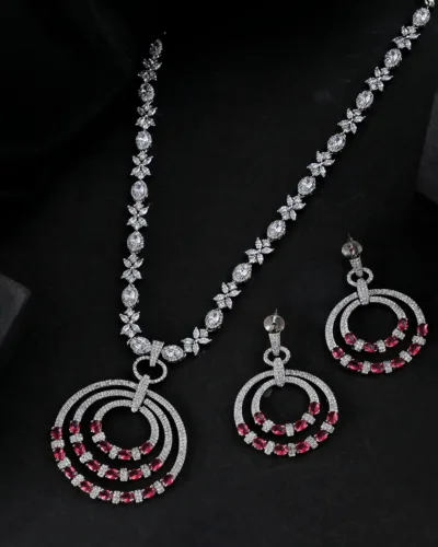 Silver-Tone Necklace Set with Ruby Accents & Triple Circle Pendant