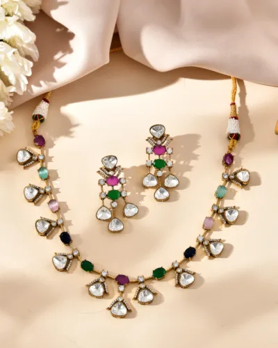 Richlook Trending Mehndi Polish Precious Beads Kundan Polki Necklace