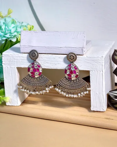 Oxidized Silver & Pink Stone Earring