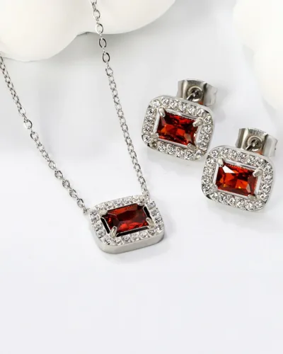 Garnet Radiance  rectangle shape silverPlated Pendant Set