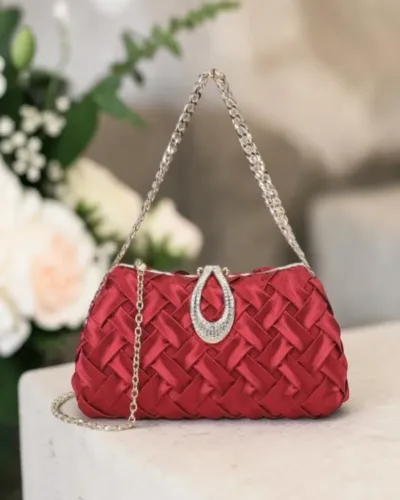 Elegant woven satin womens clutch bag with chain strap, perfect party clutch bag for weddings and festive occasions, stylish evening clutch bag for women handbag