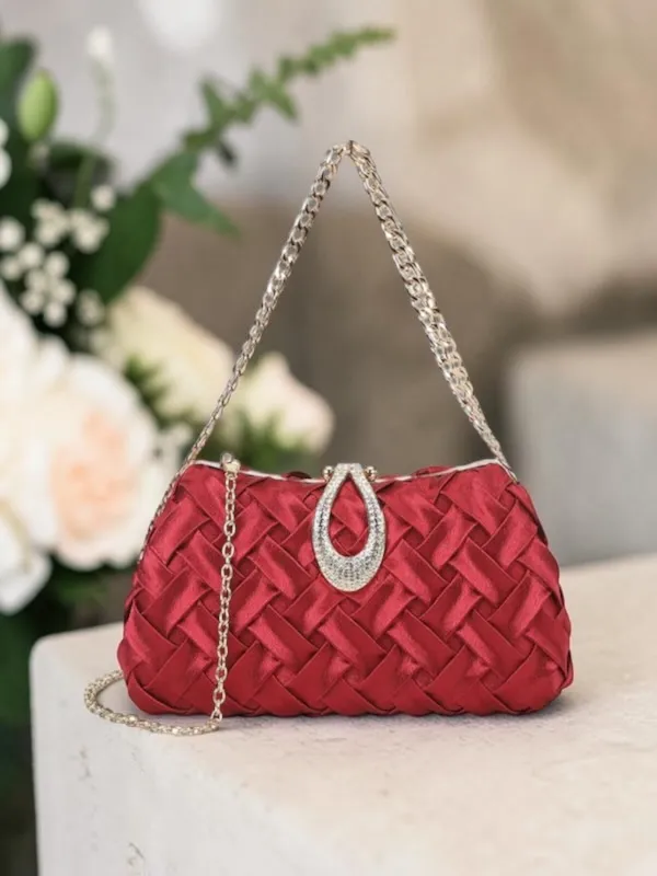 Red Clutch Bag for Women handbag Elegant woven satin womens clutch bag with chain strap, perfect party clutch bag for weddings and festive occasions, stylish evening clutch bag for women handbag