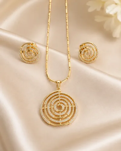 Golden Spiral Stone Pendan with Matching Earrings for Women