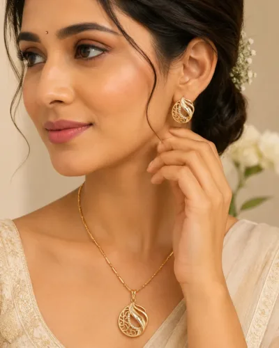 Stylish Circular Spiral Pendant Chain Set with Earrings for Women