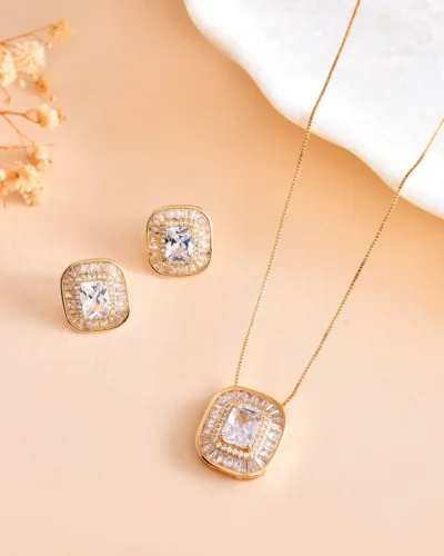 Square Pendant Chain with Stone – Gold Finish Statement Pendant Chain for Women
