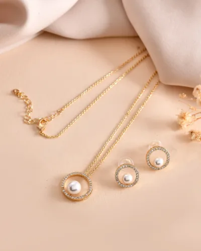 Gold-Tone Pearl Halo Pendant Chain Set with Crystal Detailing for Women