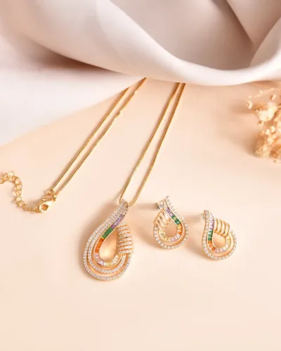 Luxury Teardrop Diamond Pendant  Set in Gold Finish with Matching Earrings