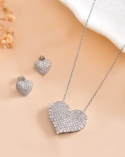 Silver Heart american Diamond Statement Pendant Set