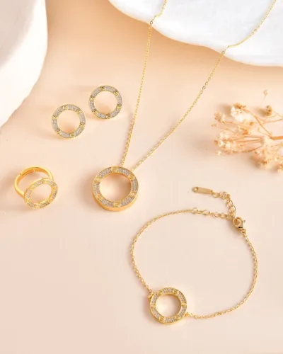 Gold-Tone Pearl Halo Pendant Chain Set with Crystal Detailing for Women