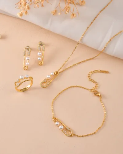 Gold-Tone Pearl Pendant Chain Set with bracelet and ring with Crystal Detailing