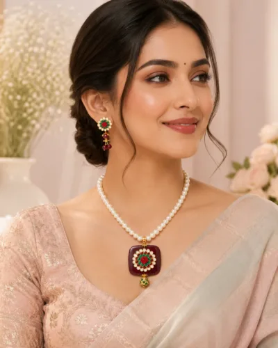 Traditional Pearl Floral Statement Necklace Set for Women