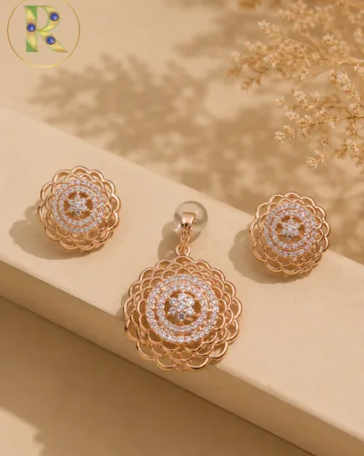 Floral Mandala Circular Cubic Zirconia Pendant Set in Yellow Gold Plating