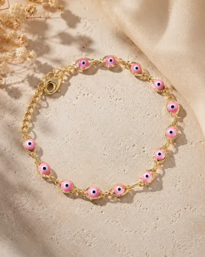 Pink Evil Eye Bracelet for Women Gold-Tone and Adjustable