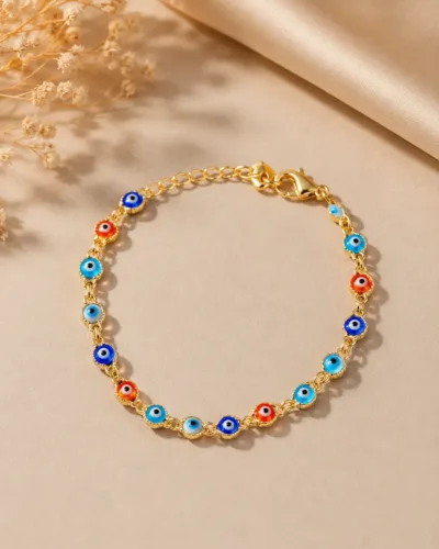 Multicolour Evil Eye Bracelet for Women Gold-Tone Adjustable Nazar Bracelet