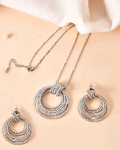 Elegant Round Halo Cubic Zirconia Necklace Set for Women with Matching Earrings