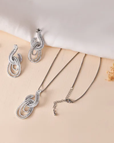 Elegant Twisted Drop Cubic Zirconia Necklace Set with Matching Earrings