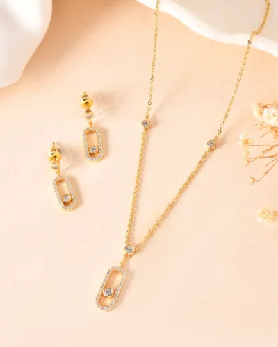 Elegant Gold Tone Minimalist Pendant Necklace Set with Matching Earrings