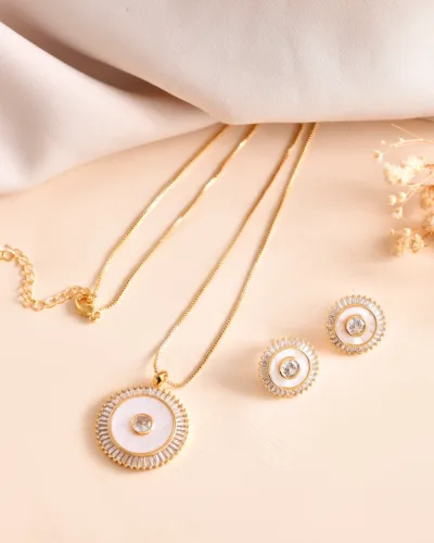 Minimalist Gold-Tone Round Crystal Pendant Necklace with Matching Earrings for Women