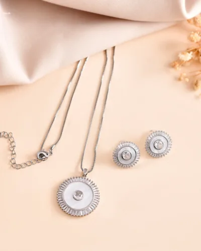 Luxury Silver-Tone Round Crystal Pendant Necklace Set with Matching Earrings for Women