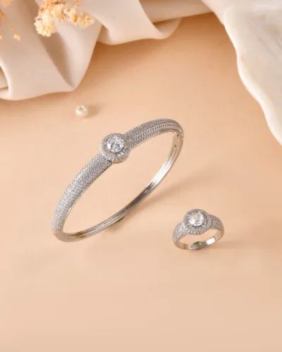 Diamond Halo Bracelet and Ring Set for Women