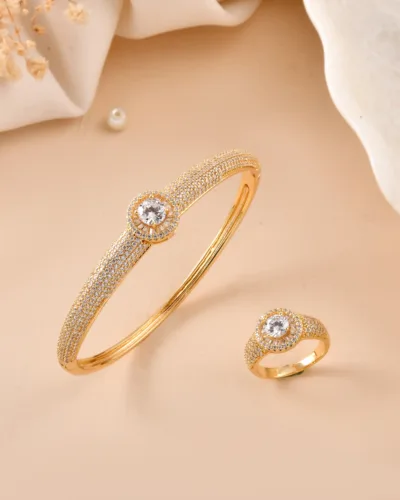 Diamond Halo Bracelet and Ring Set for Women