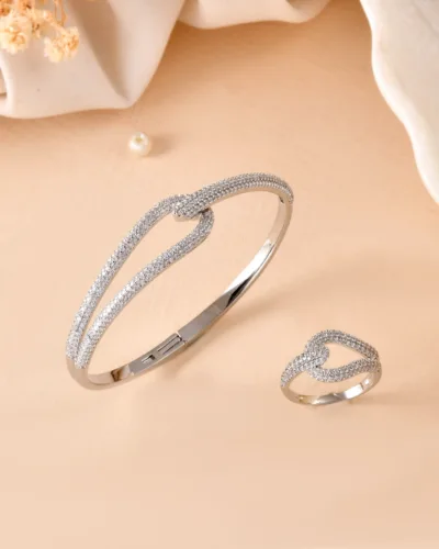 Elegant Wave Crossover Bracelet and Ring Set for Women