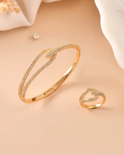 Elegant Wave Crossover Bracelet and Ring Set for Women