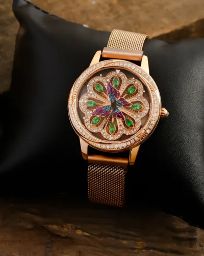 rose gold butterfly design green dail  revolving adjustable magentic watch