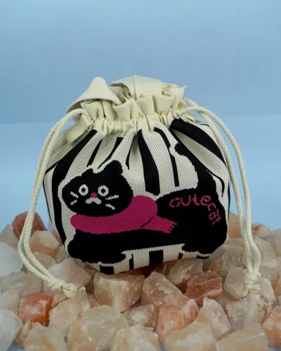 Striped Drawstring Pouch with Adorable Black Cat Design